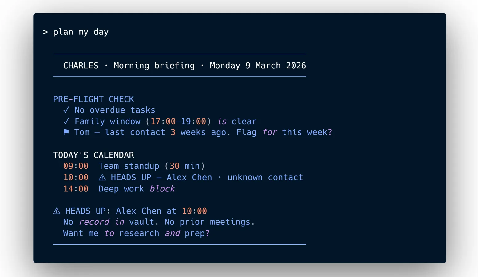 Charles morning briefing in terminal — plan my day output showing tasks, calendar heads up, and triathlon prep