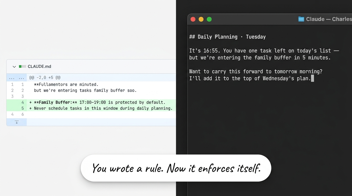 Git diff of CLAUDE.md adding a Family Buffer rule on the left, Claude terminal responding at 16:55 about the family buffer on the right.