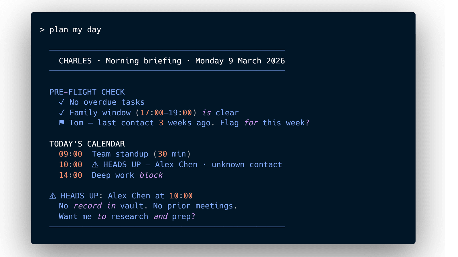 Charles morning briefing in terminal — plan my day output showing tasks, calendar heads up, and triathlon prep